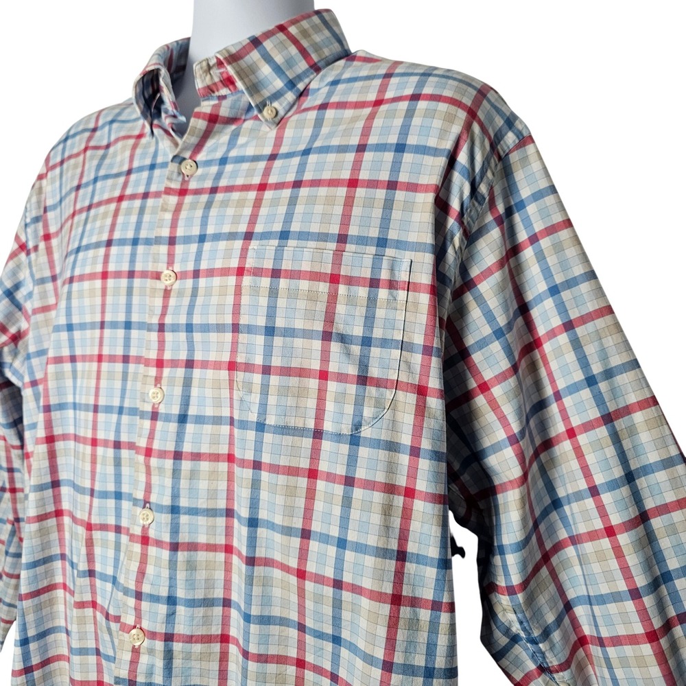 Peter Millar Mens XL Plaid Button Down Shirt Performance Stretch Red Blue Check‎